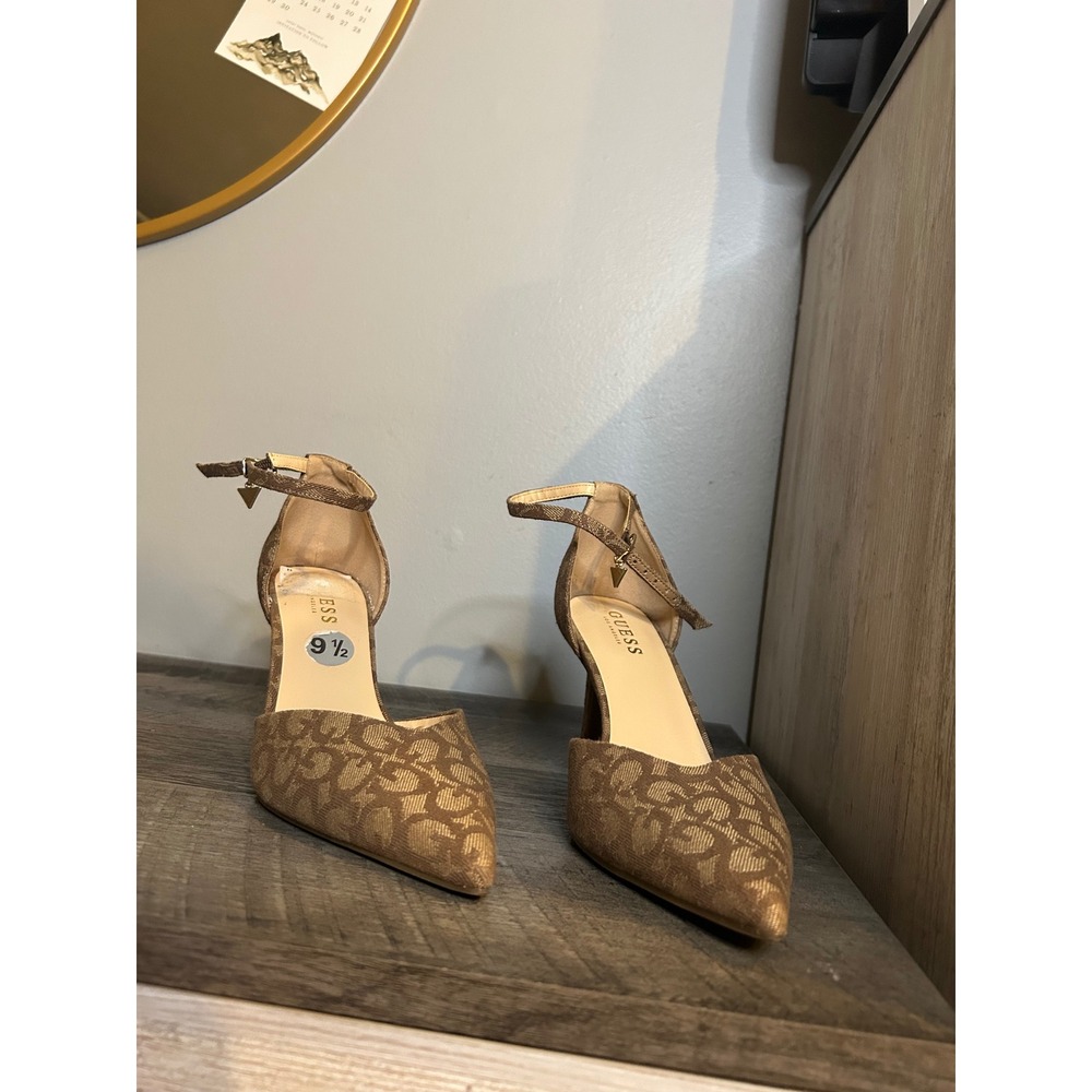GUESS Monogram Logo D'Orsay Pointed Toe Ankle Strap Pumps Tan Brown Womens 9.5